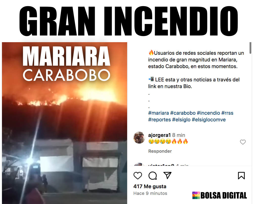 Gran incendio en Mariara: Emergencia Activa hoy 10 enero 2025