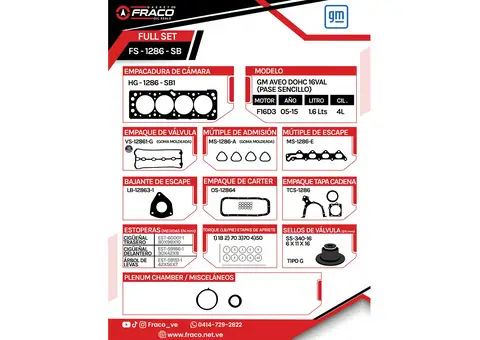 Kit Juego Empacadura FRACO para Aveo 1.6 Pase sencillo (1 Ovalo FS-1286-SB) - Maracay